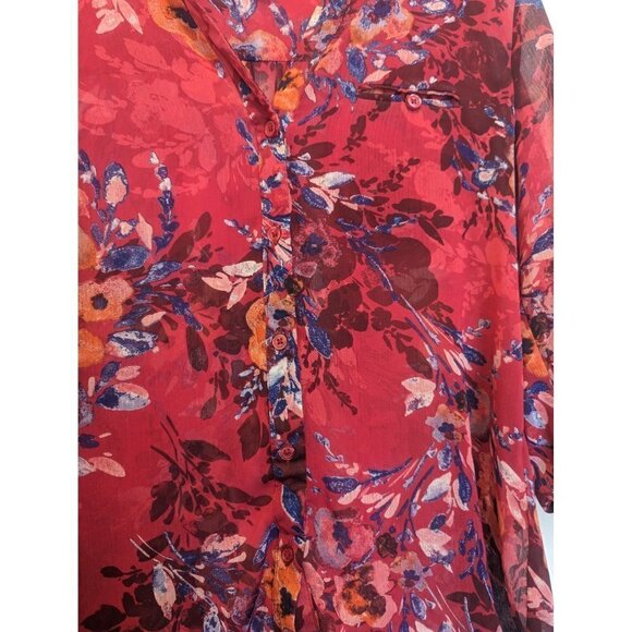 Kut From The Kloth Red Floral Sheer Button Up Women's MP - Picture 2 of 6